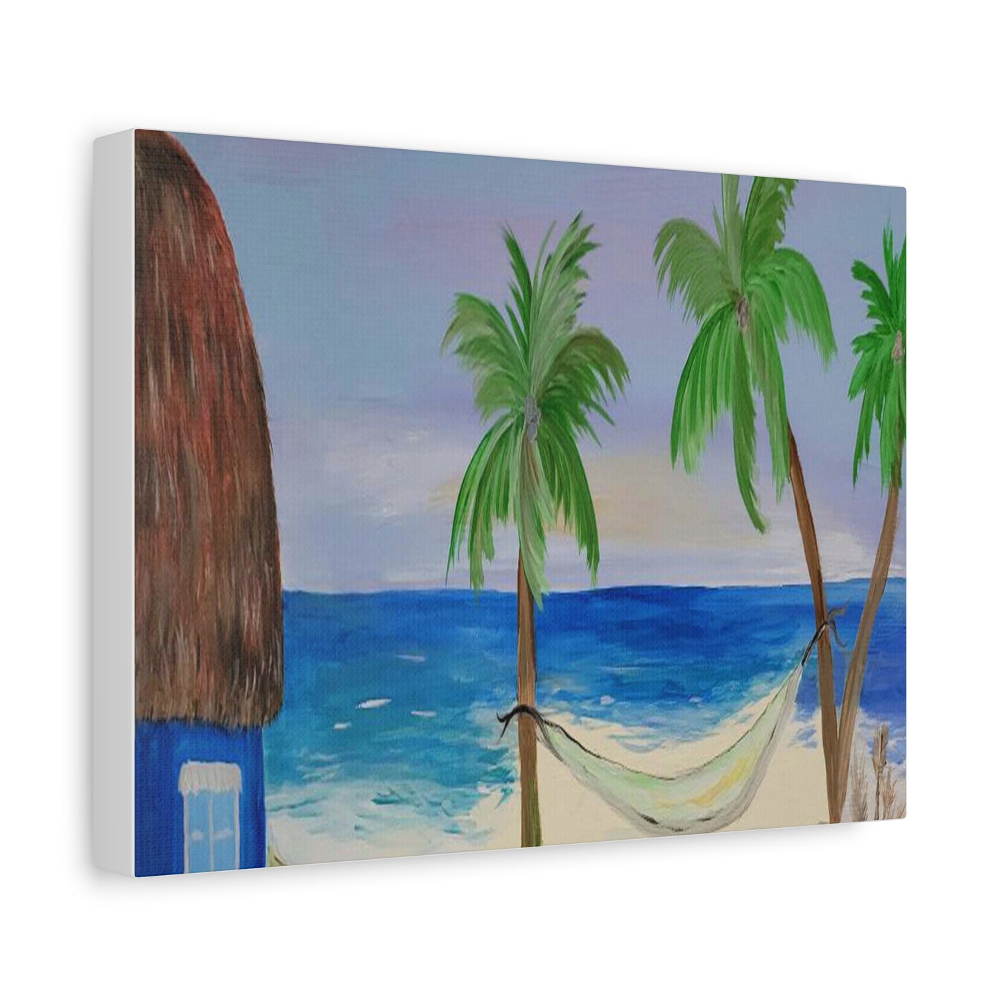 Tropical Beach Canvas Wall art of tiki hut and hammock on the beach.