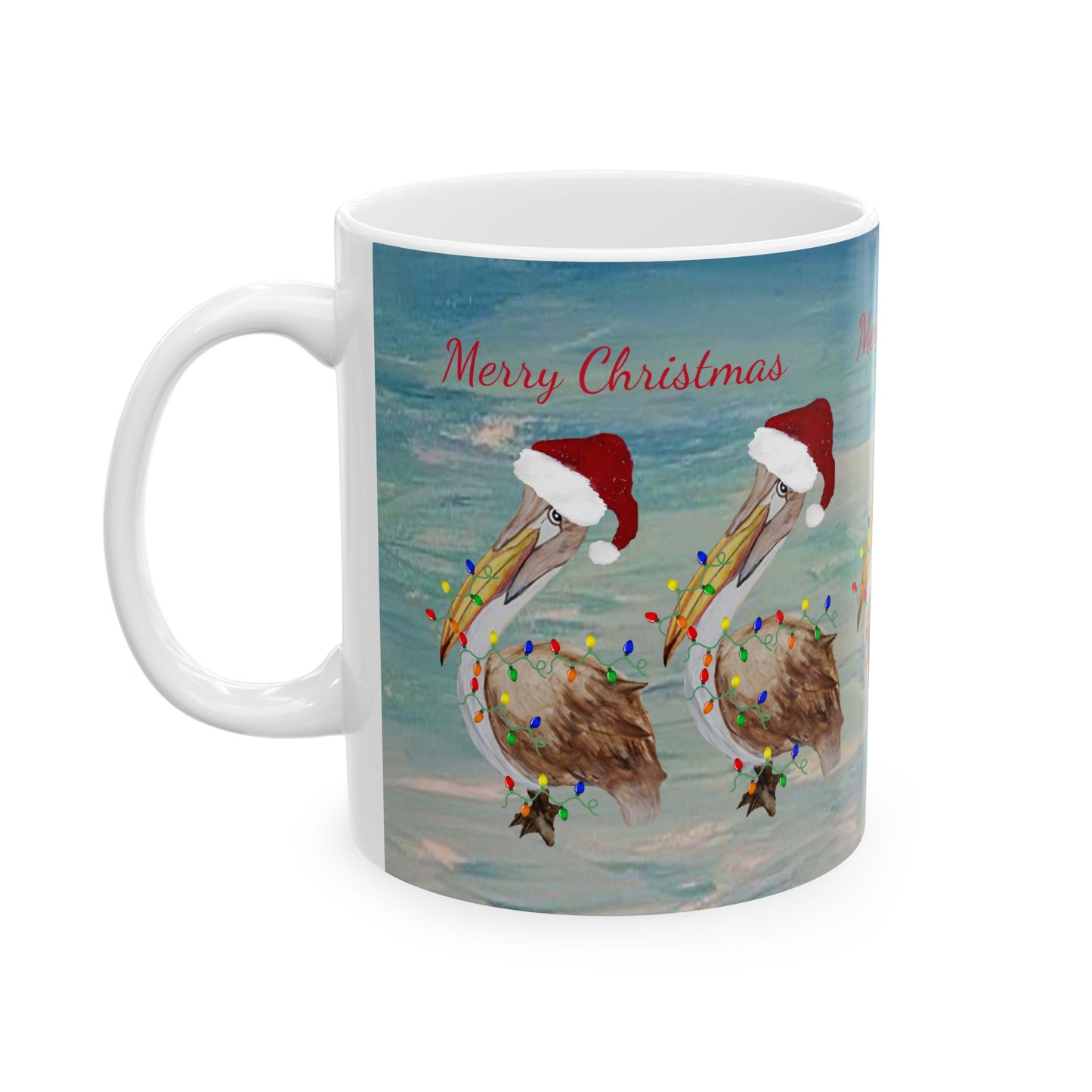 Pelicans Christmas on clearwater beach  Ceramic Mug (11oz, 15oz) - Coastal Holiday Coffee Cup - Great Christmas Gift