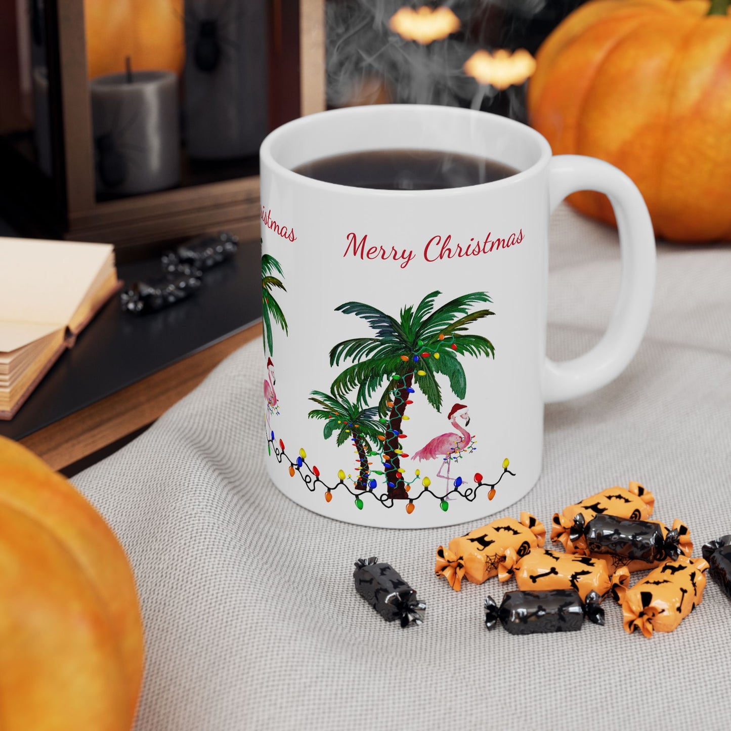 Christmas flamingo and Palm Trees Ceramic Mug (11oz, 15oz) - Coastal Holiday Coffee Cup - Great Christmas Gift