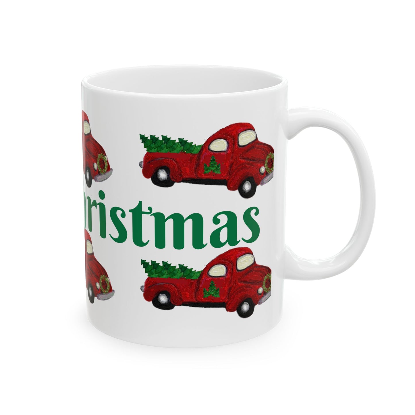 Red country pick up truck  Christmas Ceramic Mug (11oz, 15oz) - Coastal Holiday Coffee Cup - Great Christmas Gift