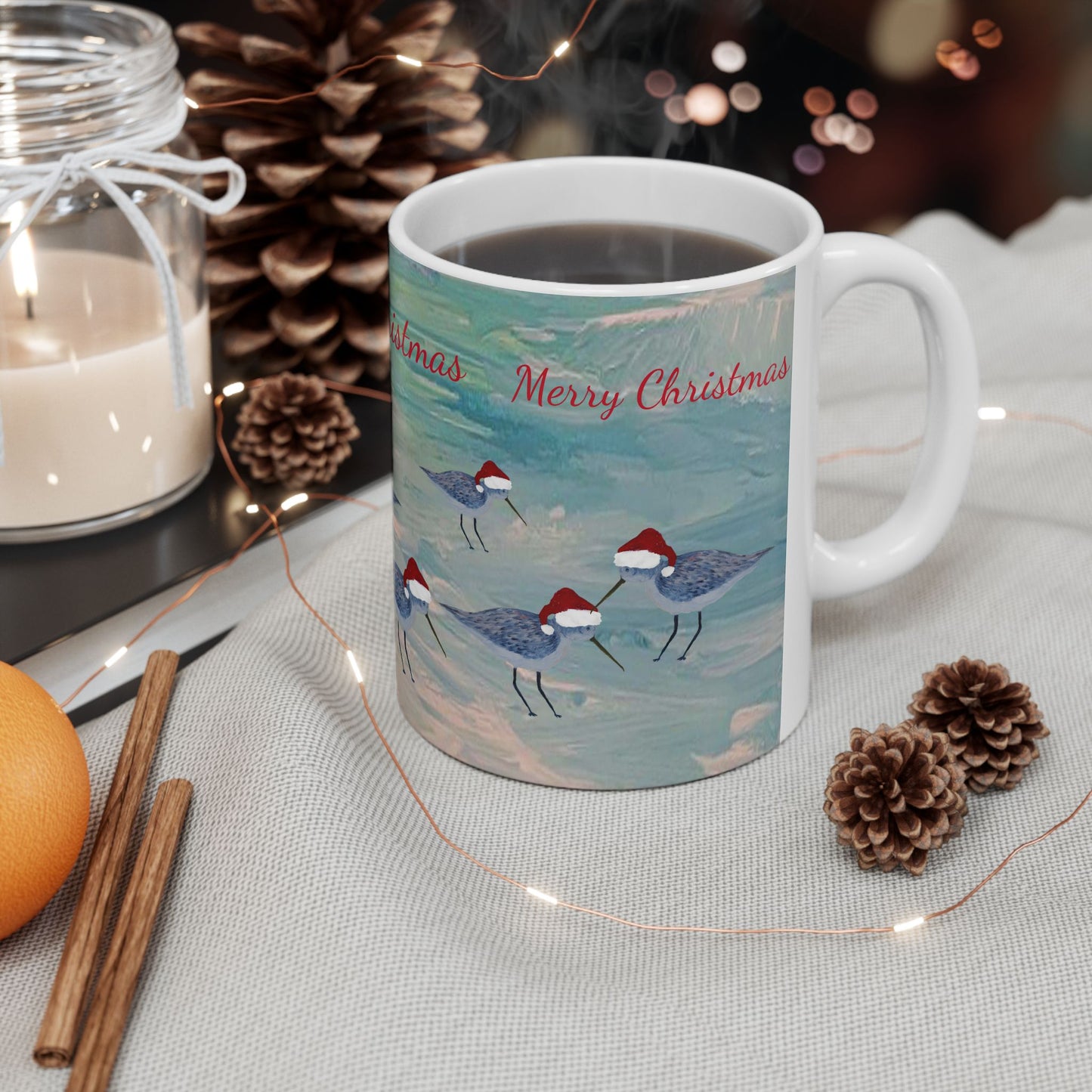 Sandpipers Christmas on clearwater beach  Ceramic Mug (11oz, 15oz) - Coastal Holiday Coffee Cup - Great Christmas Gift