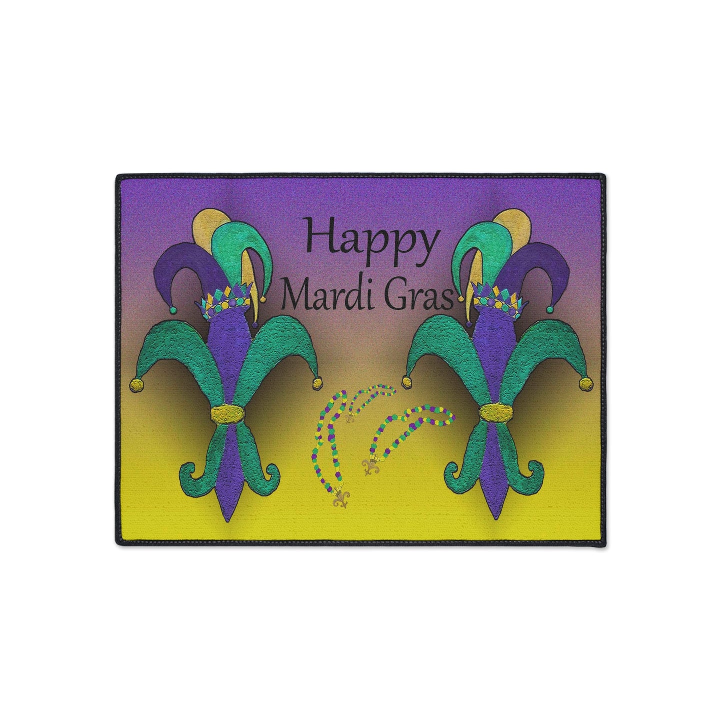 Jester Mardi Gras festive Fleur De Lis on Purple and Yellow Background, Non-Skid Backing, 5 Sizes Available