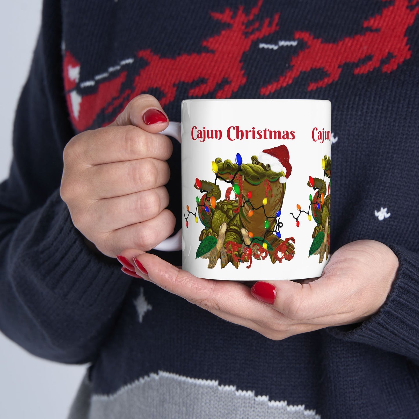 Cajun Christmas on the bayou Santa alligator Ceramic Mug (11oz, 15oz) - Coastal Holiday Coffee Cup - Great Christmas Gift