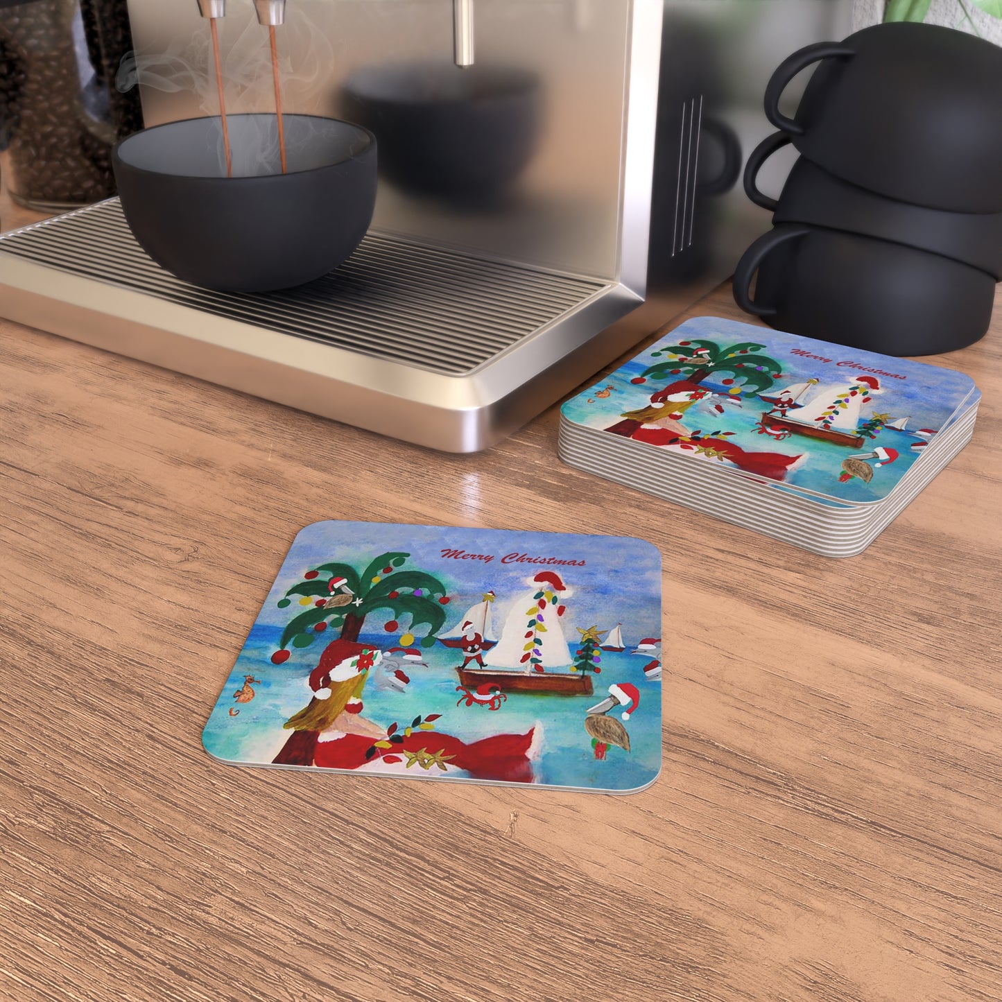 Christmas nautical boat parade with Santa mermaid Holiday party Coasters Set Hardboard (50 or 100 pcs) Size 4 x 4 inches.