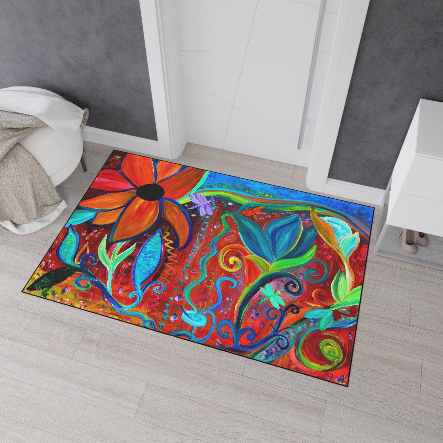 Door Mat - Abstract Floral Intuitive Art Theme - Orange Blue - Non-Skid Backing