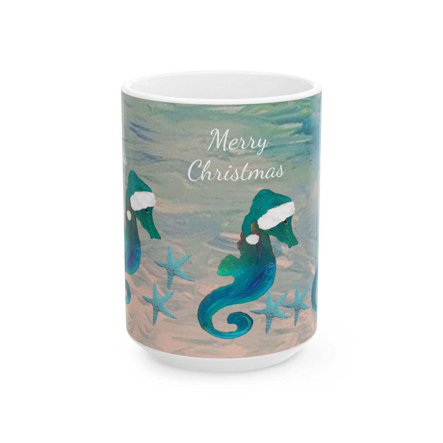 Christmas seahorse with teal Santa hat in clearwater beach Ceramic Mug (11oz, 15oz) - Coastal Holiday Coffee Cup - Great Christmas Gift