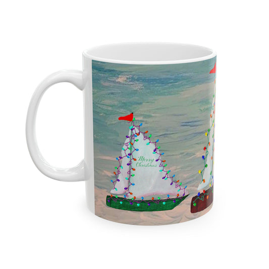 Nautical Christmas red and green sailboats Ceramic Mug (11oz, 15oz) - Coastal Holiday Coffee Cup - Great Christmas Gift