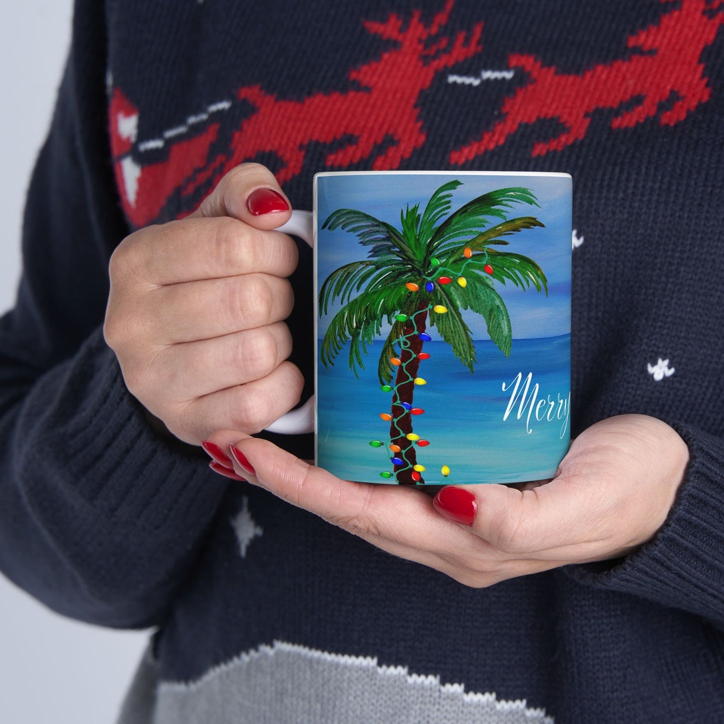 Tropical Christmas with decorated palm trees Ceramic Mug (11oz, 15oz) - Coastal Holiday Coffee Cup - Great Christmas Gift