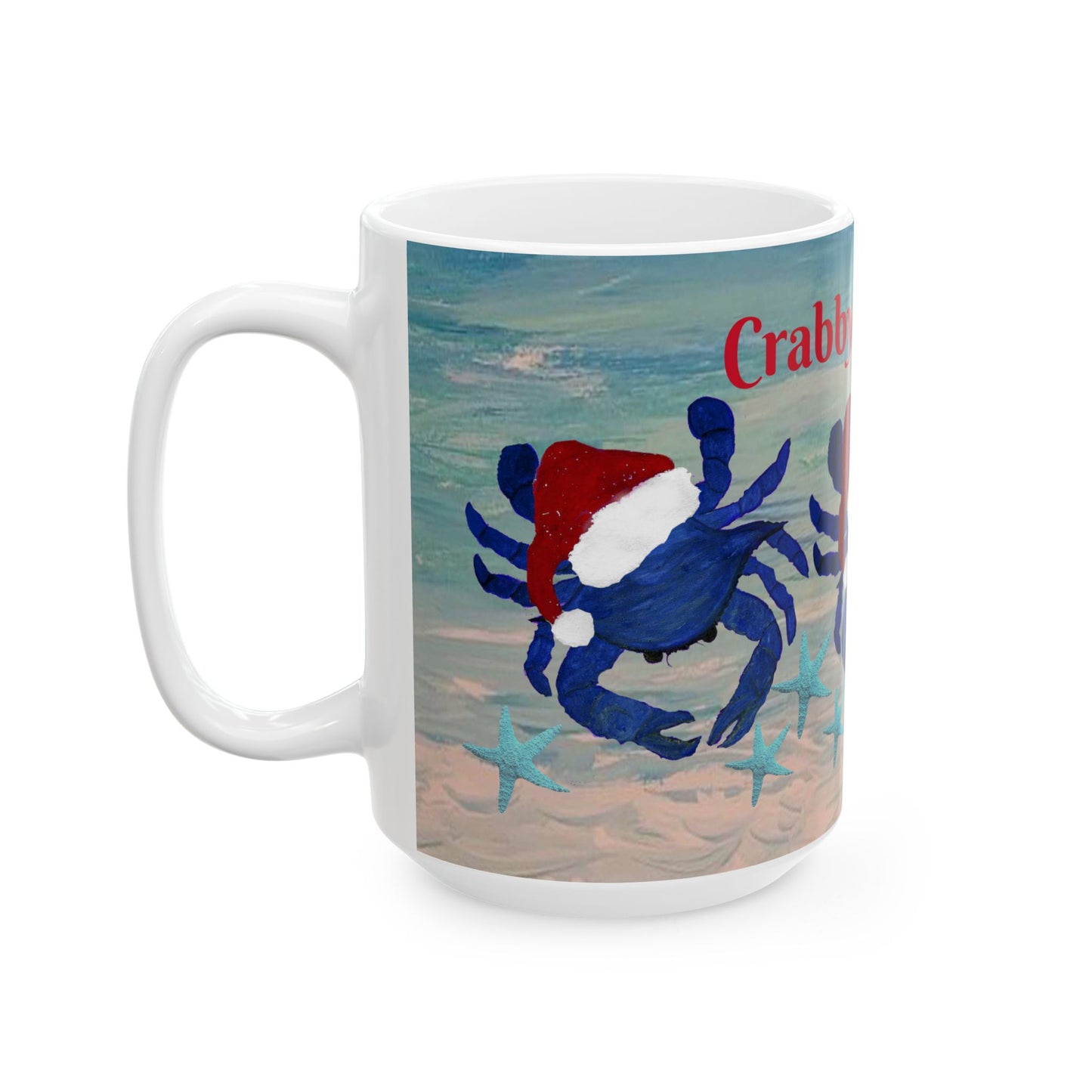 Crabby Christmas blue crab in clearwater beach coastal Holiday party Ceramic Mug (11oz, 15oz) - Coffee Cup - Funny Christmas Gift mug.