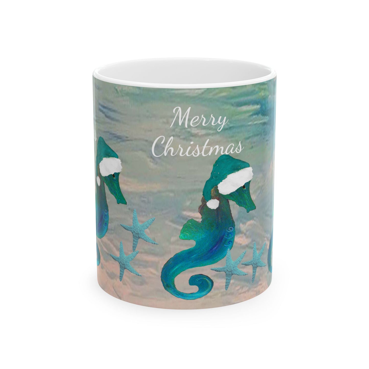 Christmas seahorse with teal Santa hat in clearwater beach Ceramic Mug (11oz, 15oz) - Coastal Holiday Coffee Cup - Great Christmas Gift