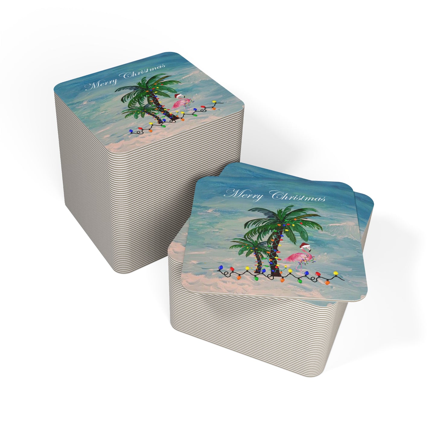 Flamingo and palm trees Christmas tropical Holiday party Coasters Set Hardboard (50 or 100 pcs) Size 4 x 4 inches.