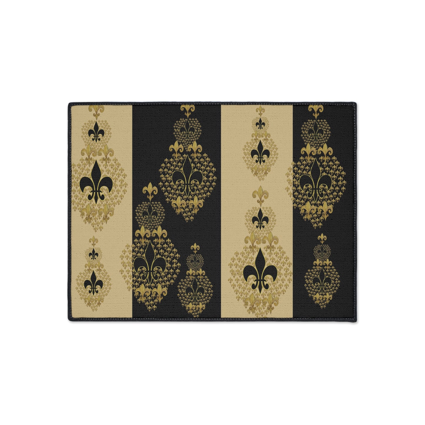 Fleur De Lis fancy gold and black indoor outdoor floormat with Non-Skid Backing, 5 Sizes Available