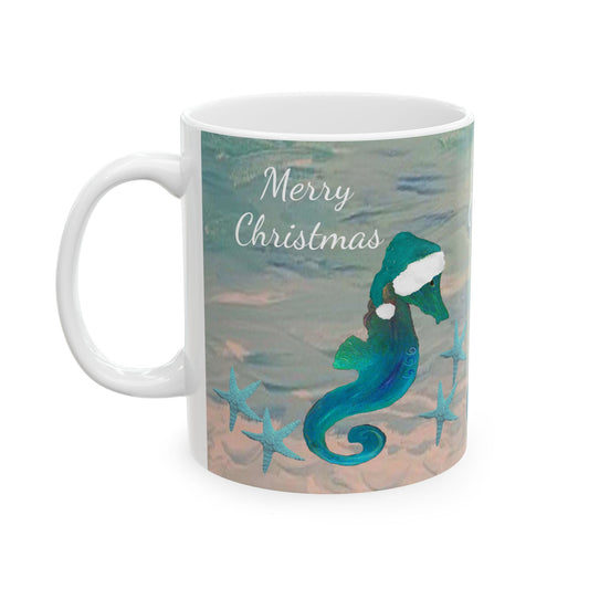 Christmas seahorse with teal Santa hat in clearwater beach Ceramic Mug (11oz, 15oz) - Coastal Holiday Coffee Cup - Great Christmas Gift