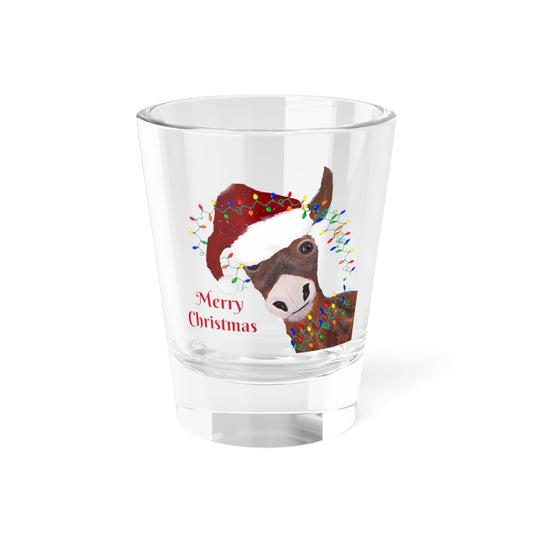 Donkey counntry Christmas festive party barware theme Shot Glass, 1.5oz. Santa donkey in Holiday lights party bar gift. Farm house kitchen bar gift.