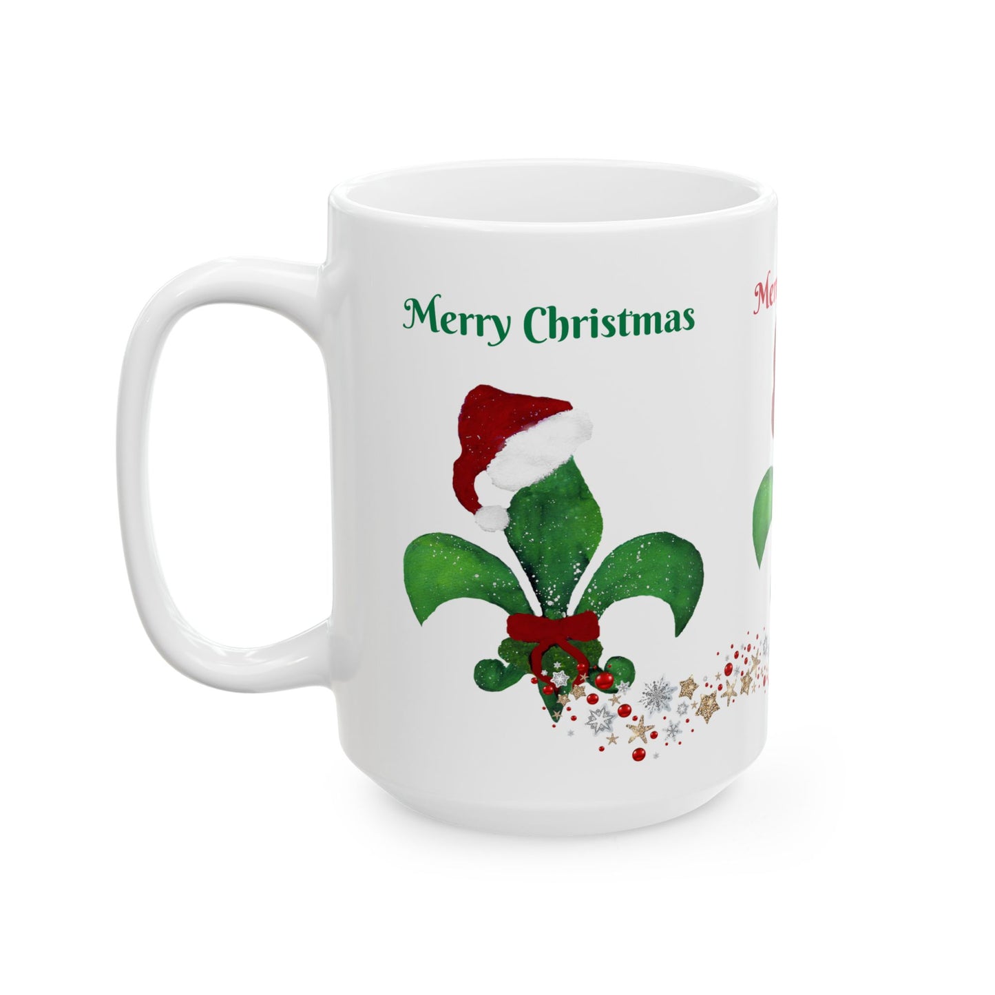 Santa fleur de lis red green white Holiday Christmas Ceramic Mug (11oz, 15oz) - Holiday Coffee Cup - Great Cajun Christmas Gift