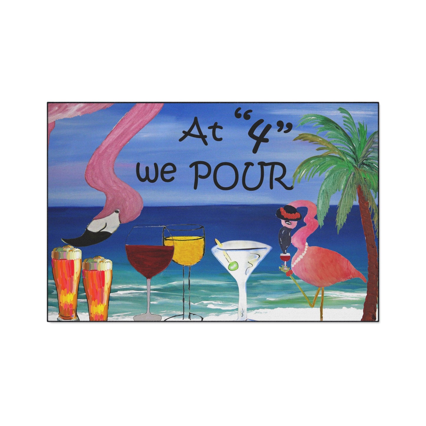 Floor Mat - Flamingo Bar At Four We Pour Funny Tropical Theme Coastal Door Mat, 5 Sizes Available