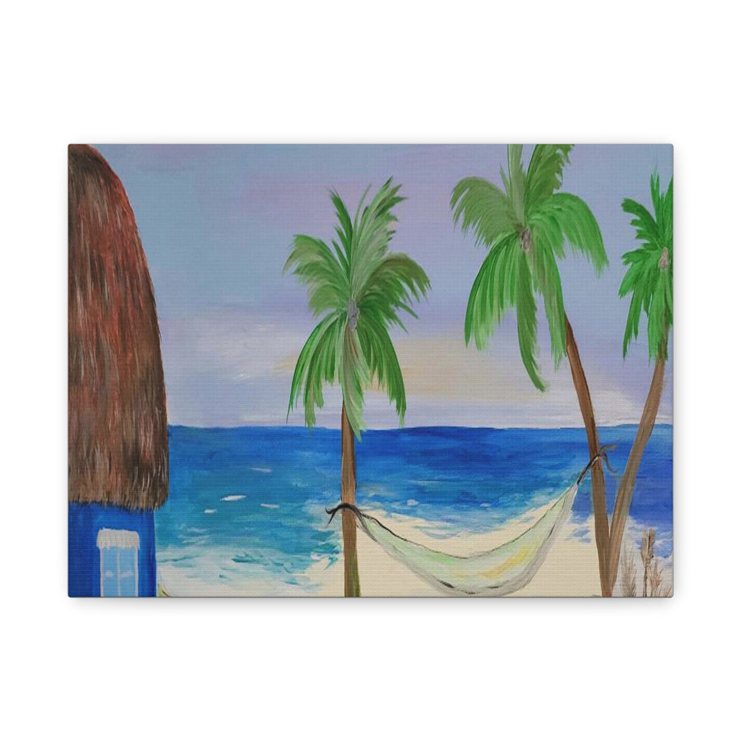 Tropical Beach Canvas Wall art of tiki hut and hammock on the beach.