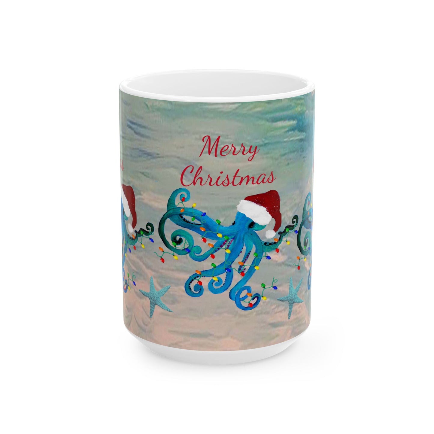 Christmas blue octopus in clearwater beach Ceramic Mug (11oz, 15oz) - Coastal Holiday Coffee Cup - Great Christmas Gift