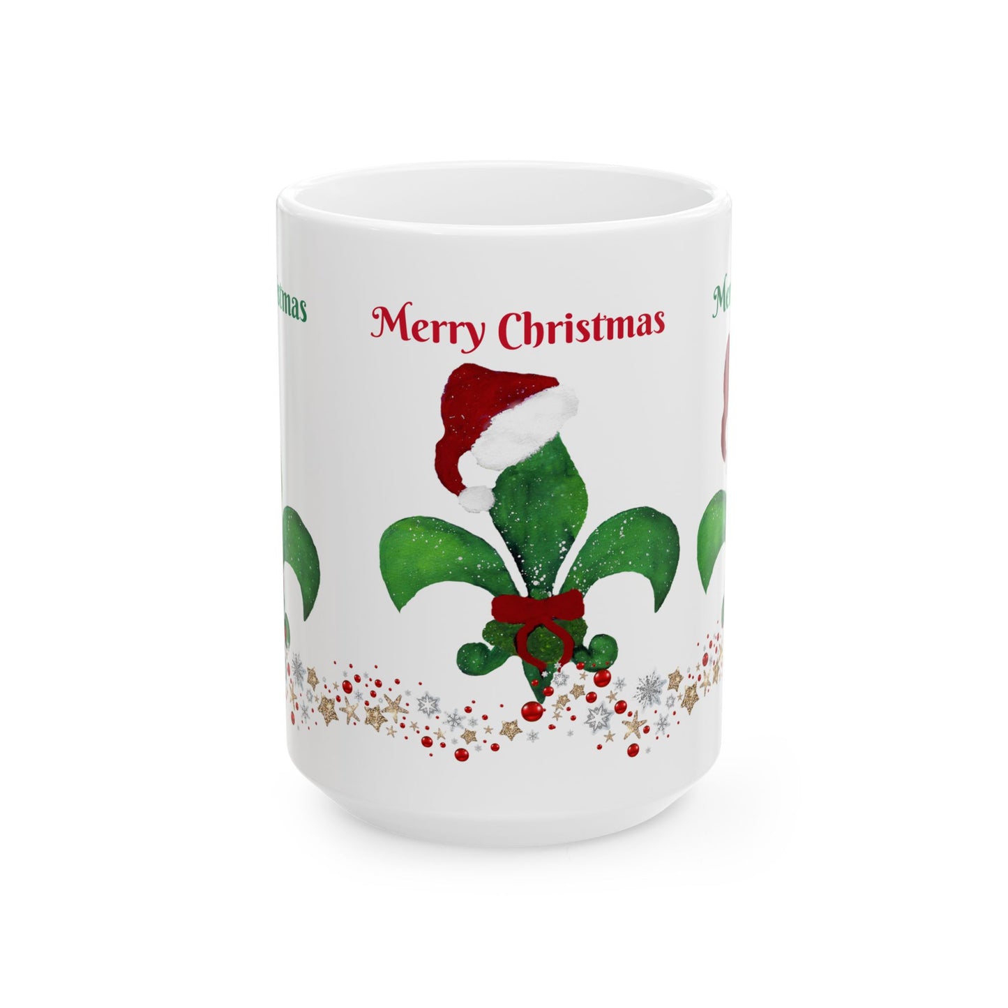 Santa fleur de lis red green white Holiday Christmas Ceramic Mug (11oz, 15oz) - Holiday Coffee Cup - Great Cajun Christmas Gift