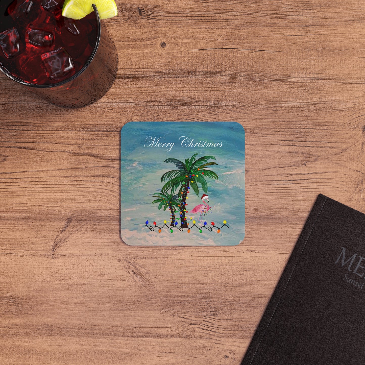 Flamingo and palm trees Christmas tropical Holiday party Coasters Set Hardboard (50 or 100 pcs) Size 4 x 4 inches.