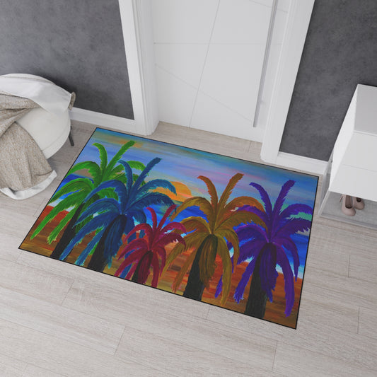 Majestic colorful sunset palm trees tropical theme coastal door floormat for indoor or outdoor with Non-Skid Backing, 5 Sizes Available