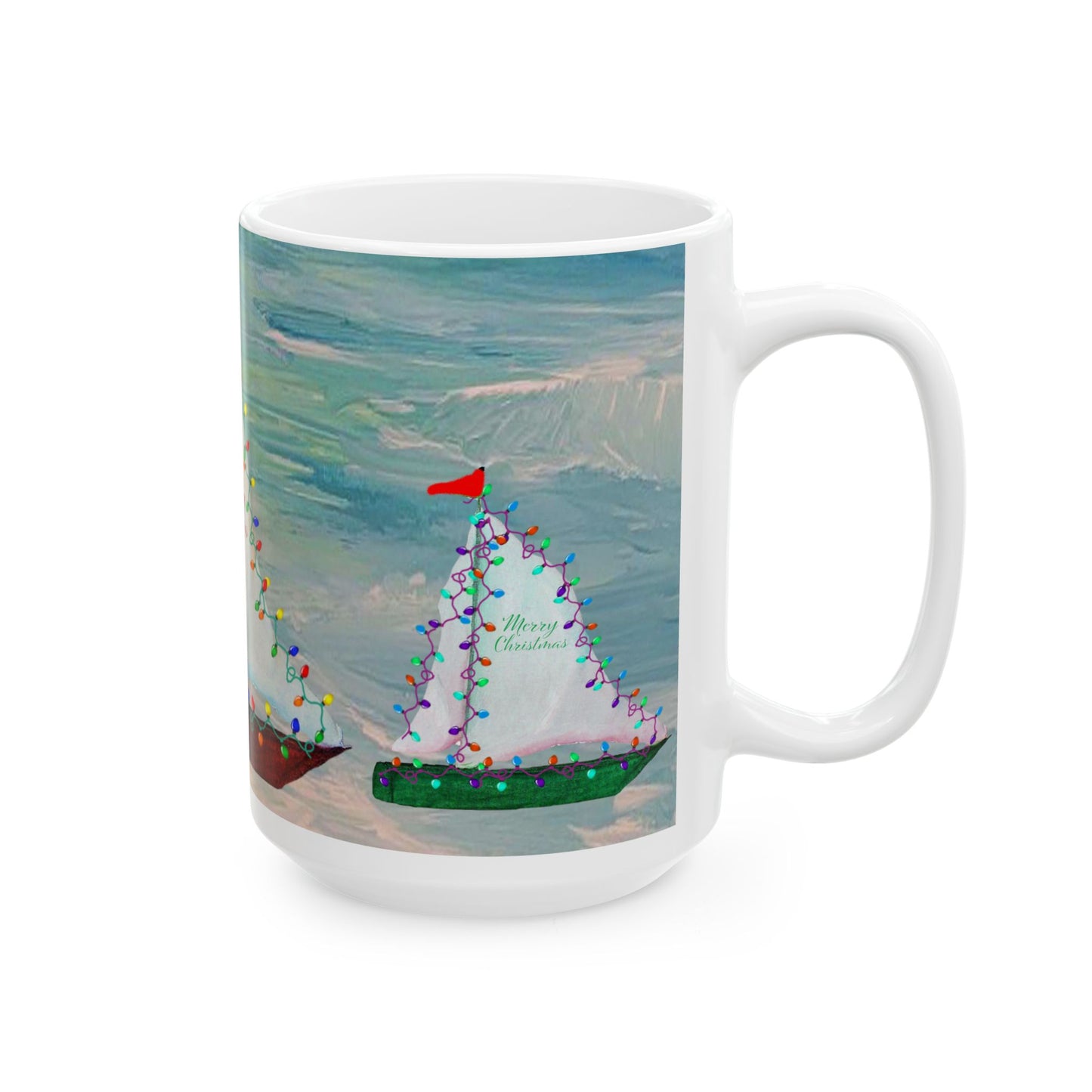 Nautical Christmas red and green sailboats Ceramic Mug (11oz, 15oz) - Coastal Holiday Coffee Cup - Great Christmas Gift