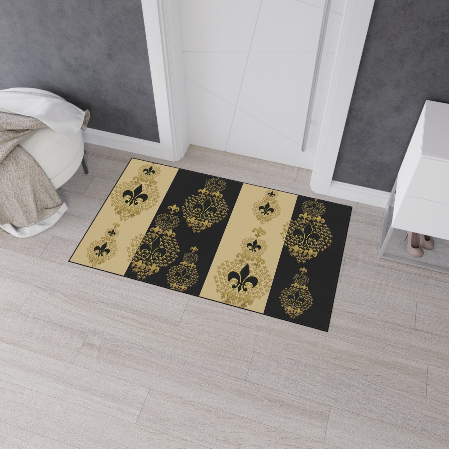 Fleur De Lis fancy gold and black indoor outdoor floormat with Non-Skid Backing, 5 Sizes Available