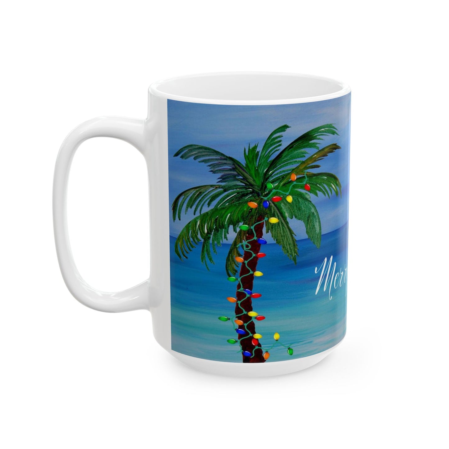 Tropical Christmas with decorated palm trees Ceramic Mug (11oz, 15oz) - Coastal Holiday Coffee Cup - Great Christmas Gift