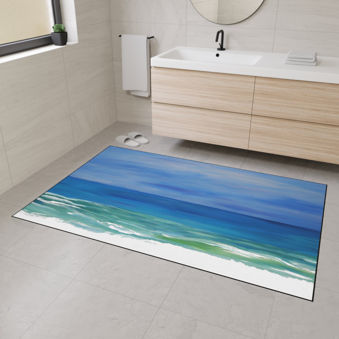 Beautiful blue beach Coastal Theme with Non-Skid Backing, 5 Sizes Available.