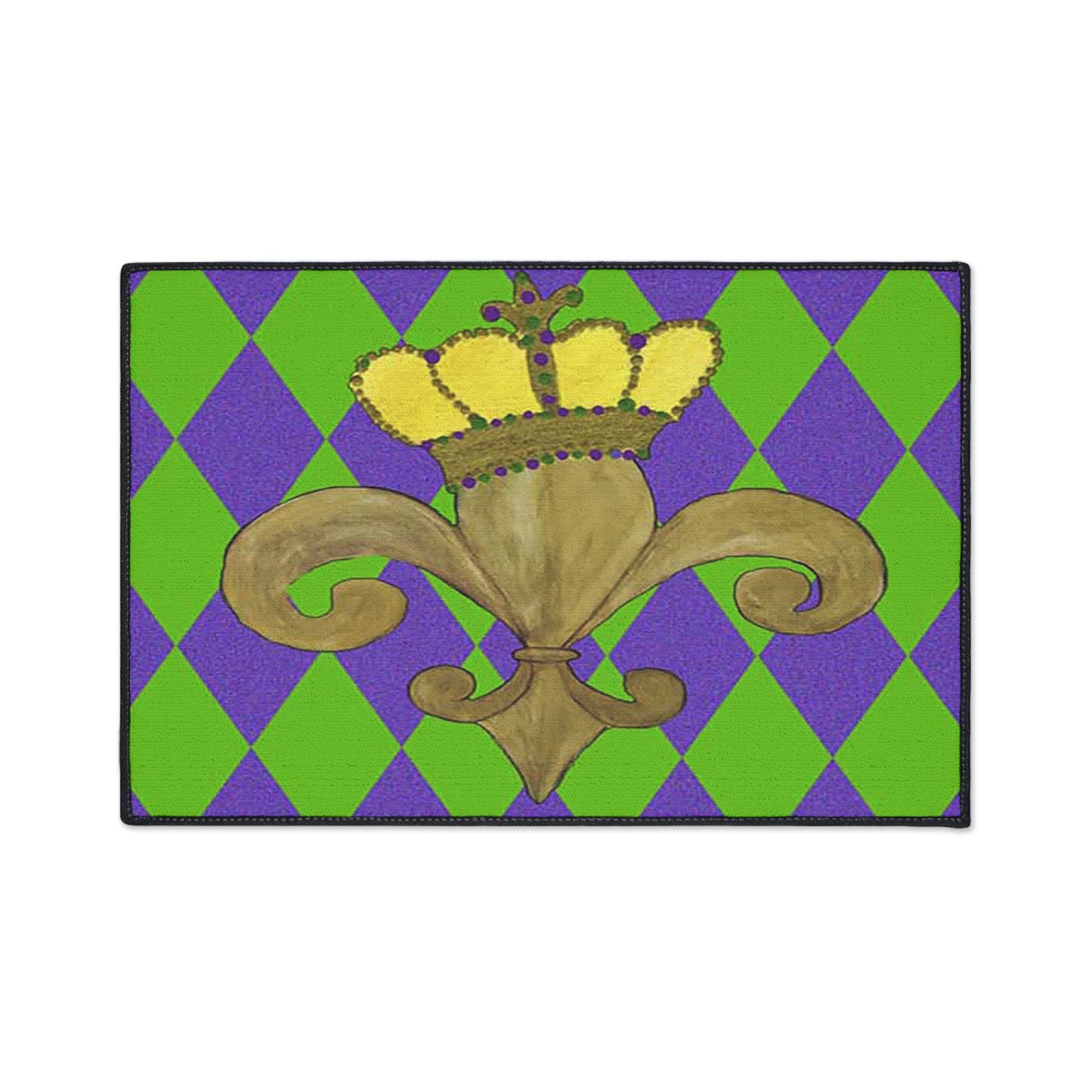 Floor Mat - Mardi Gras Gold Fleur De Lis on Purple and Yellow Background, Non-Skid Backing, 5 Sizes Available