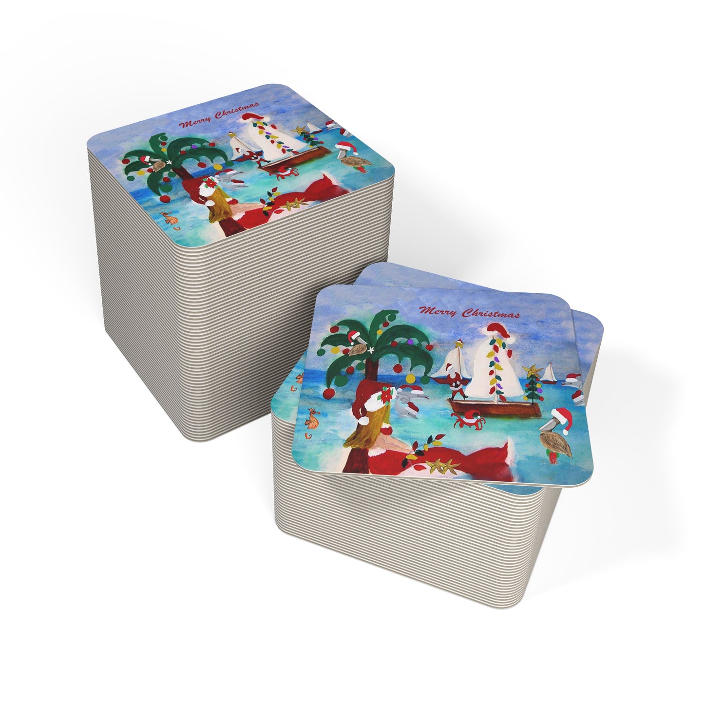 Christmas nautical boat parade with Santa mermaid Holiday party Coasters Set Hardboard (50 or 100 pcs) Size 4 x 4 inches.