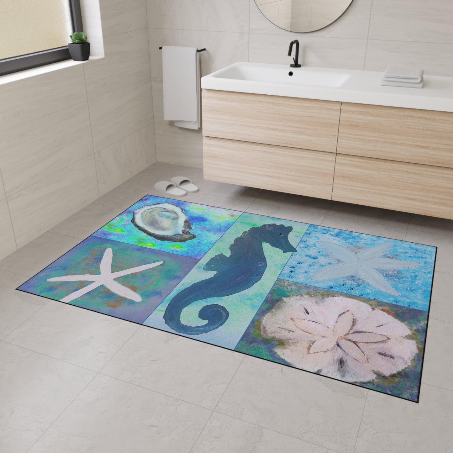 Seahorse and seashells blue Beach Home door floormat rug with non-skid backing- Available in 5 Sizes