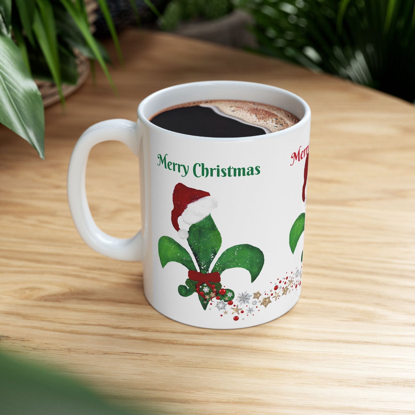 Santa fleur de lis red green white Holiday Christmas Ceramic Mug (11oz, 15oz) - Holiday Coffee Cup - Great Cajun Christmas Gift