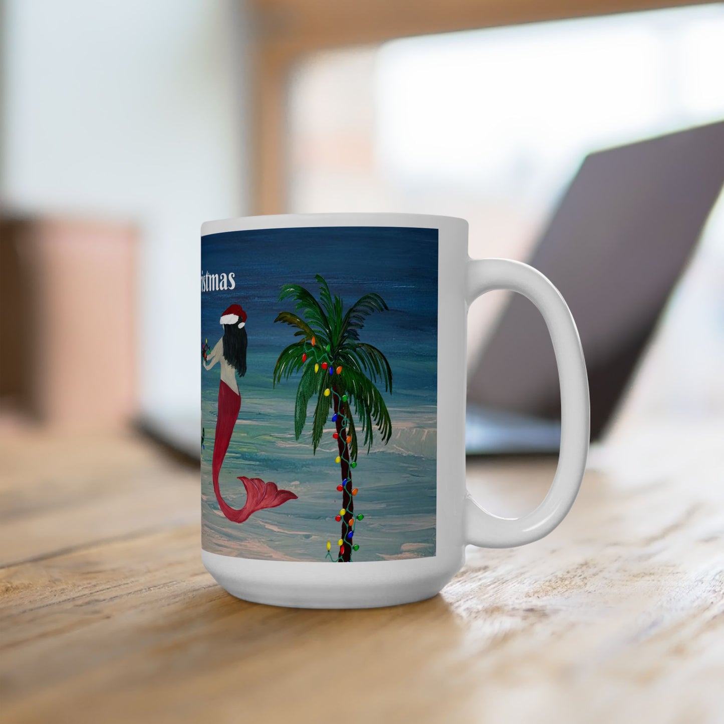 Christmas mermaid and octopus trim a Holiday palm tree in clearwater beach Ceramic Mug (11oz, 15oz) - Coastal Holiday Coffee Cup - Great Christmas Gift