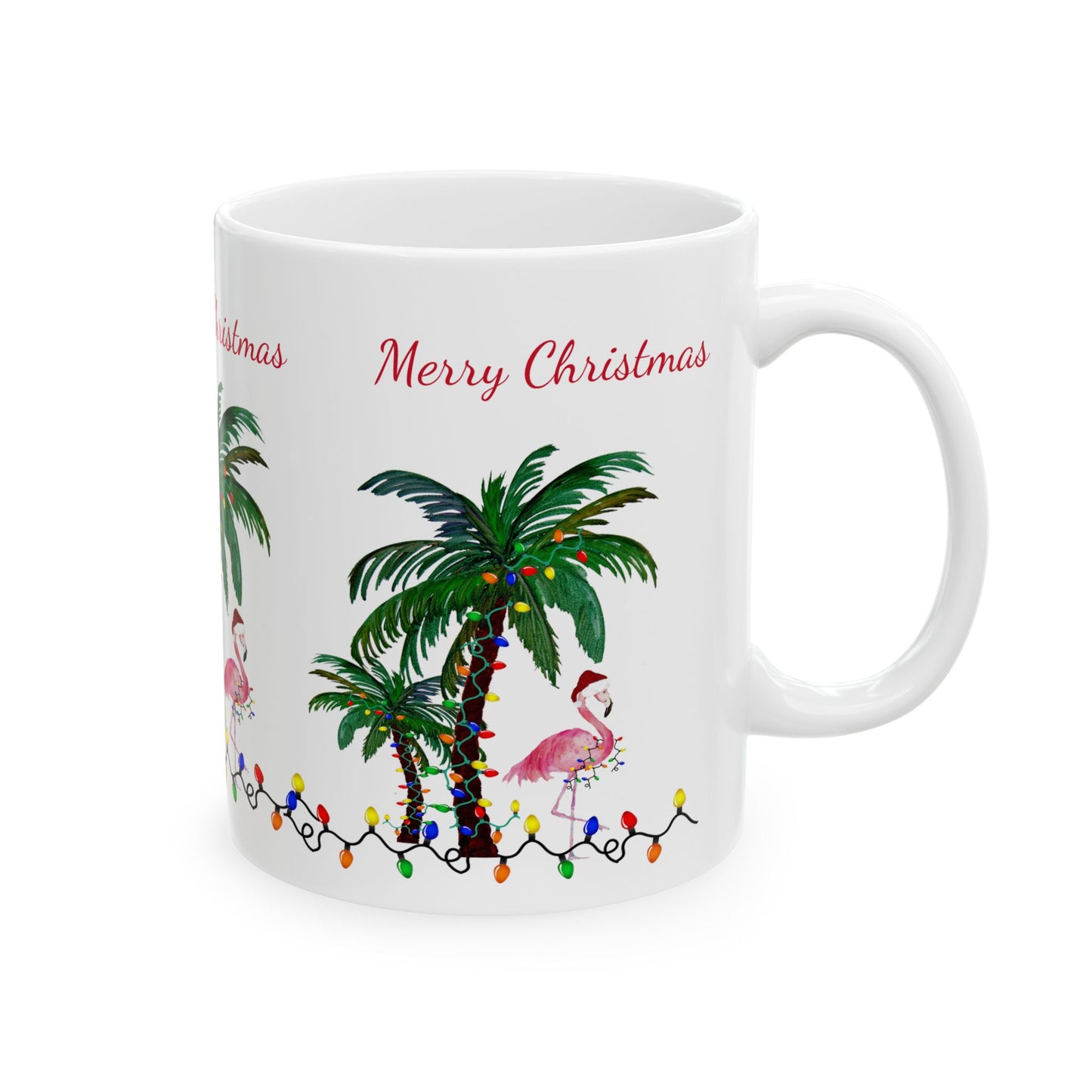 Christmas flamingo and Palm Trees Ceramic Mug (11oz, 15oz) - Coastal Holiday Coffee Cup - Great Christmas Gift