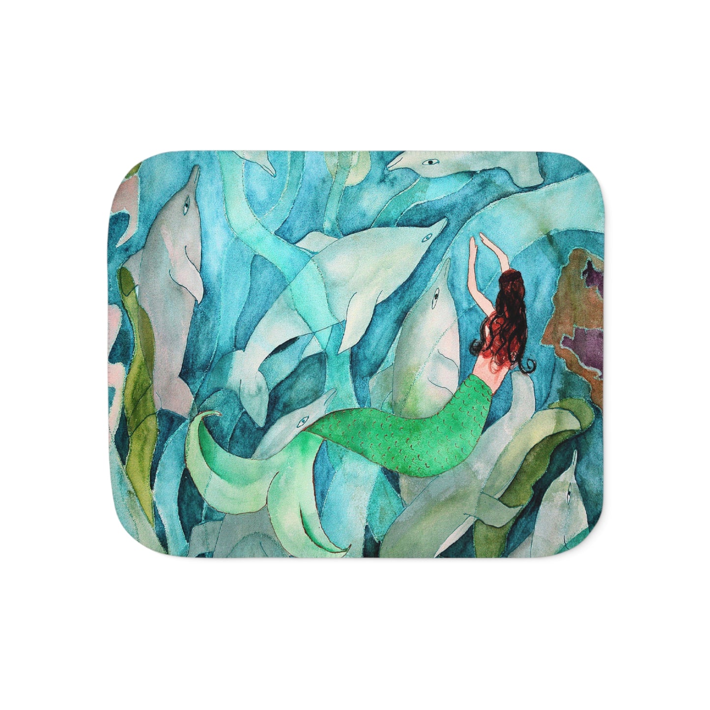 Sherpa Blanket, Coastal Mermaid and Dolphins Design, Two Colors