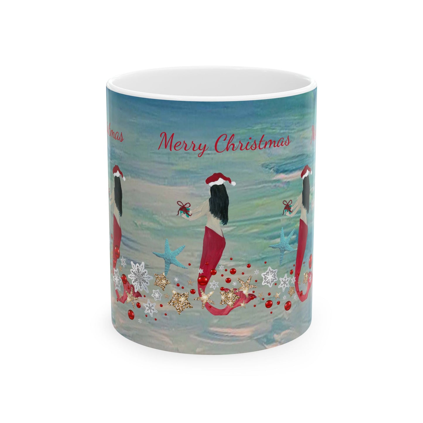 Mermaid and starfish Christmas on clearwater beach  Ceramic Mug (11oz, 15oz) - Coastal Holiday Coffee Cup - Great Christmas Gift