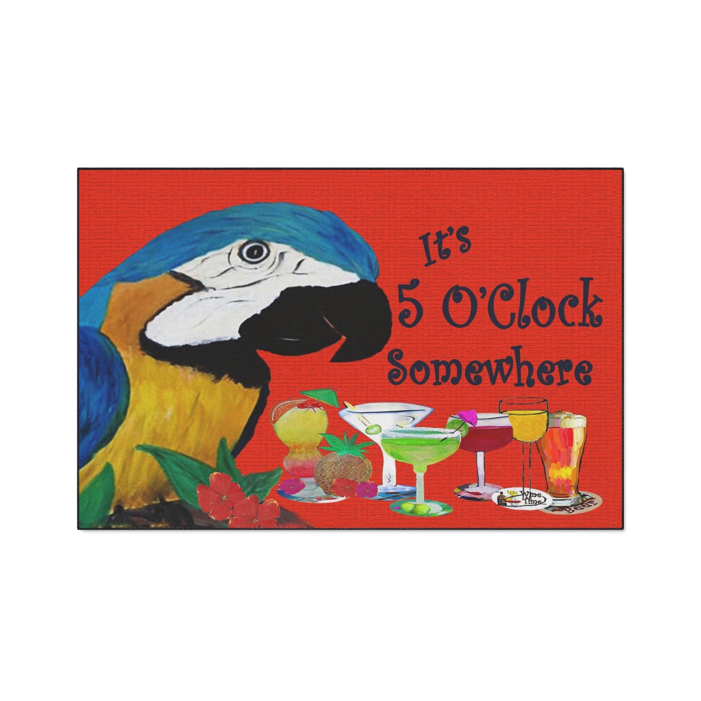 Parrot Head Tiki Beach Bar Tropical Drinks "Its' 5 O'clock somewhere" Theme Coastal Door Mat with Non-Skid Backing, 5 Sizes Available