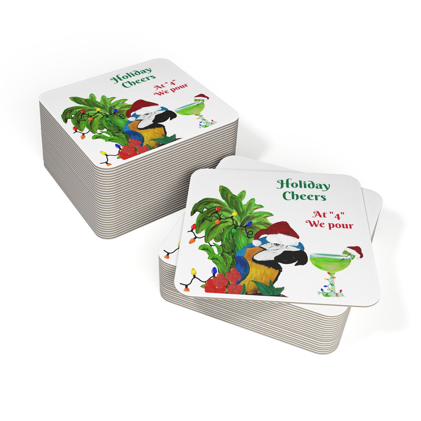 Coasters Set Christmas Parrot Head Holiday Margarita Party Bar Hardboard (50 or 100 pcs) Size 4&quot; square