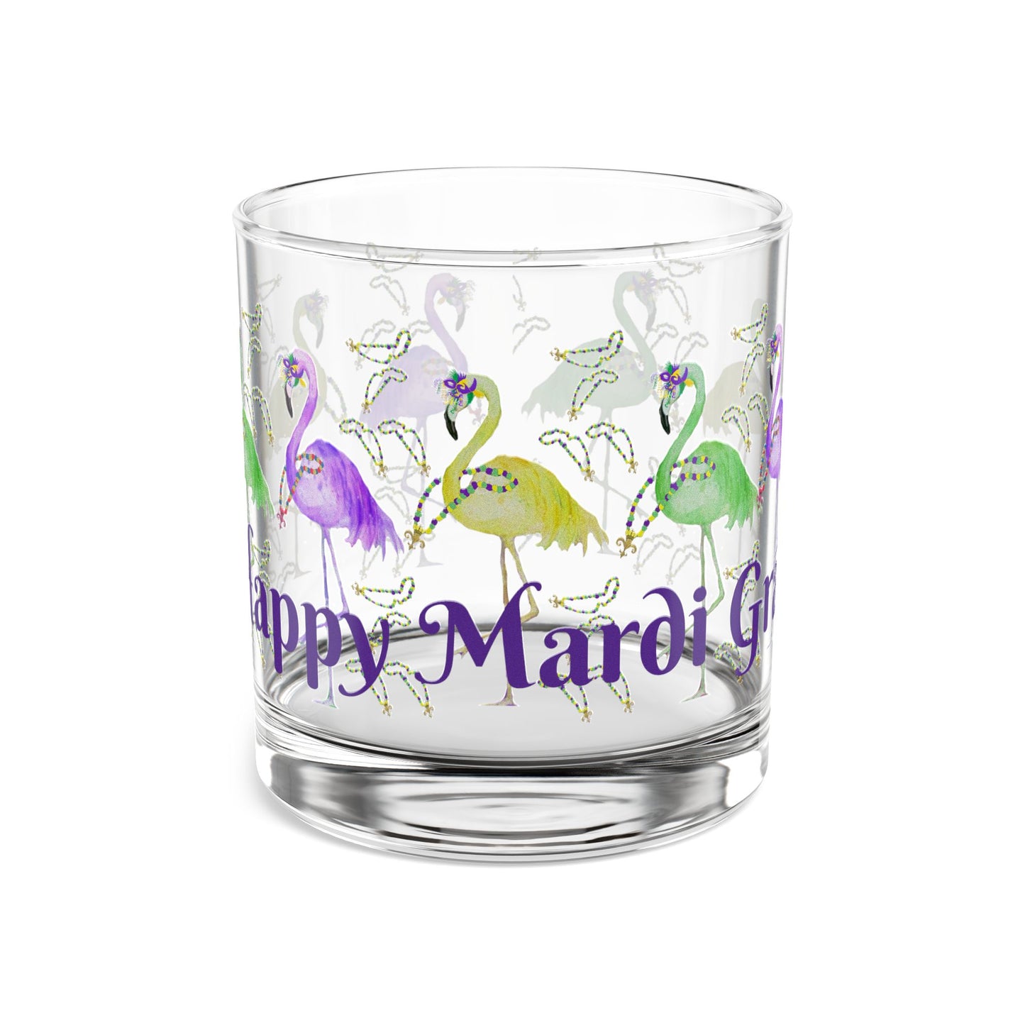 Mardi Gras Flamingos and beads party barware party cocktail Rocks Glass, 10oz