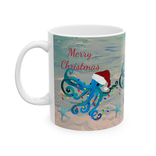 Christmas blue octopus in clearwater beach Ceramic Mug (11oz, 15oz) - Coastal Holiday Coffee Cup - Great Christmas Gift