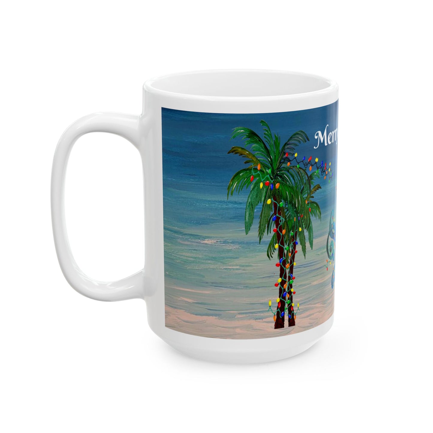 Christmas mermaid and octopus trim a Holiday palm tree in clearwater beach Ceramic Mug (11oz, 15oz) - Coastal Holiday Coffee Cup - Great Christmas Gift