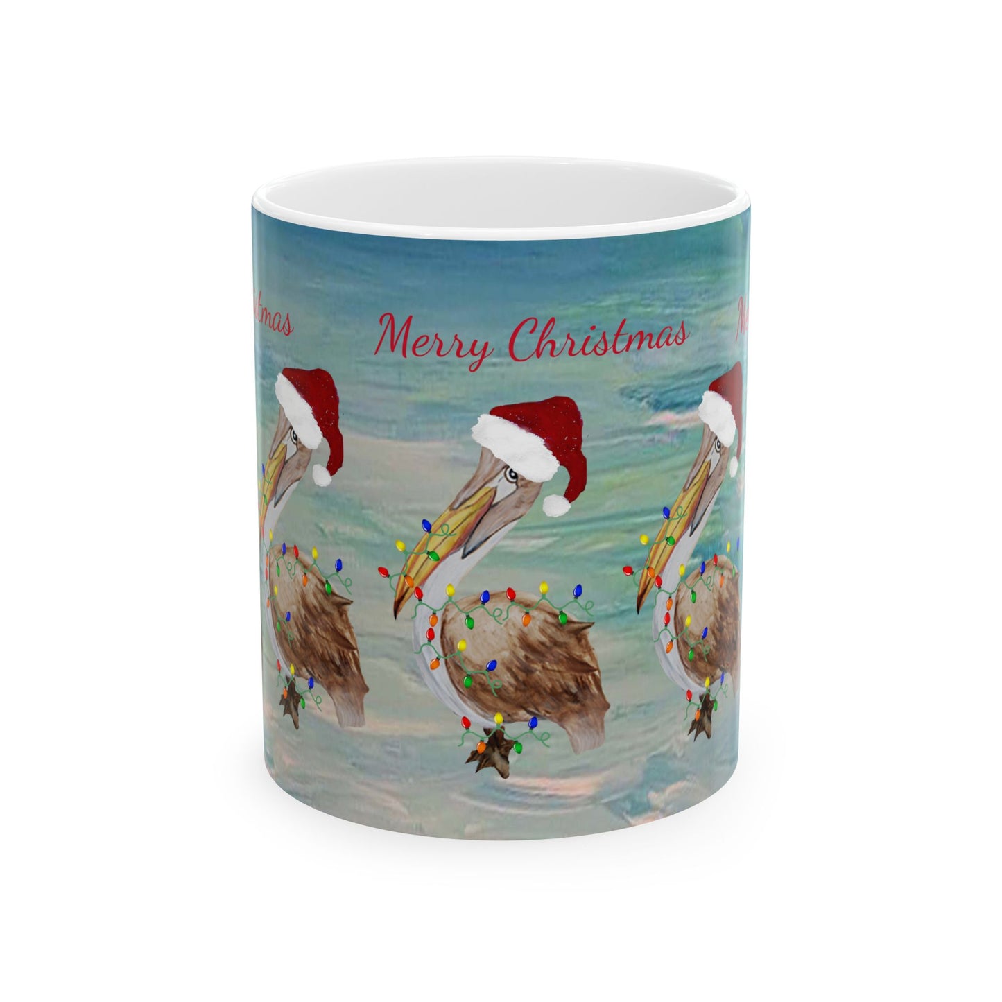 Pelicans Christmas on clearwater beach  Ceramic Mug (11oz, 15oz) - Coastal Holiday Coffee Cup - Great Christmas Gift