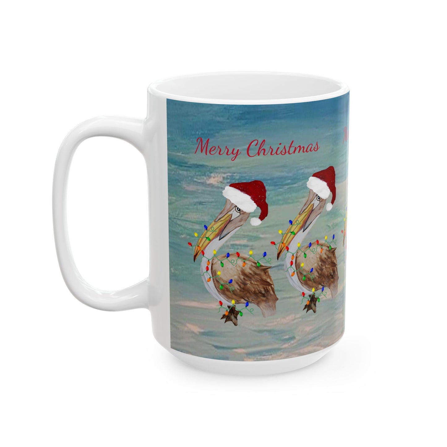 Pelicans Christmas on clearwater beach  Ceramic Mug (11oz, 15oz) - Coastal Holiday Coffee Cup - Great Christmas Gift