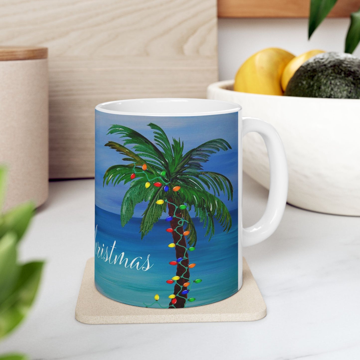 Tropical Christmas with decorated palm trees Ceramic Mug (11oz, 15oz) - Coastal Holiday Coffee Cup - Great Christmas Gift