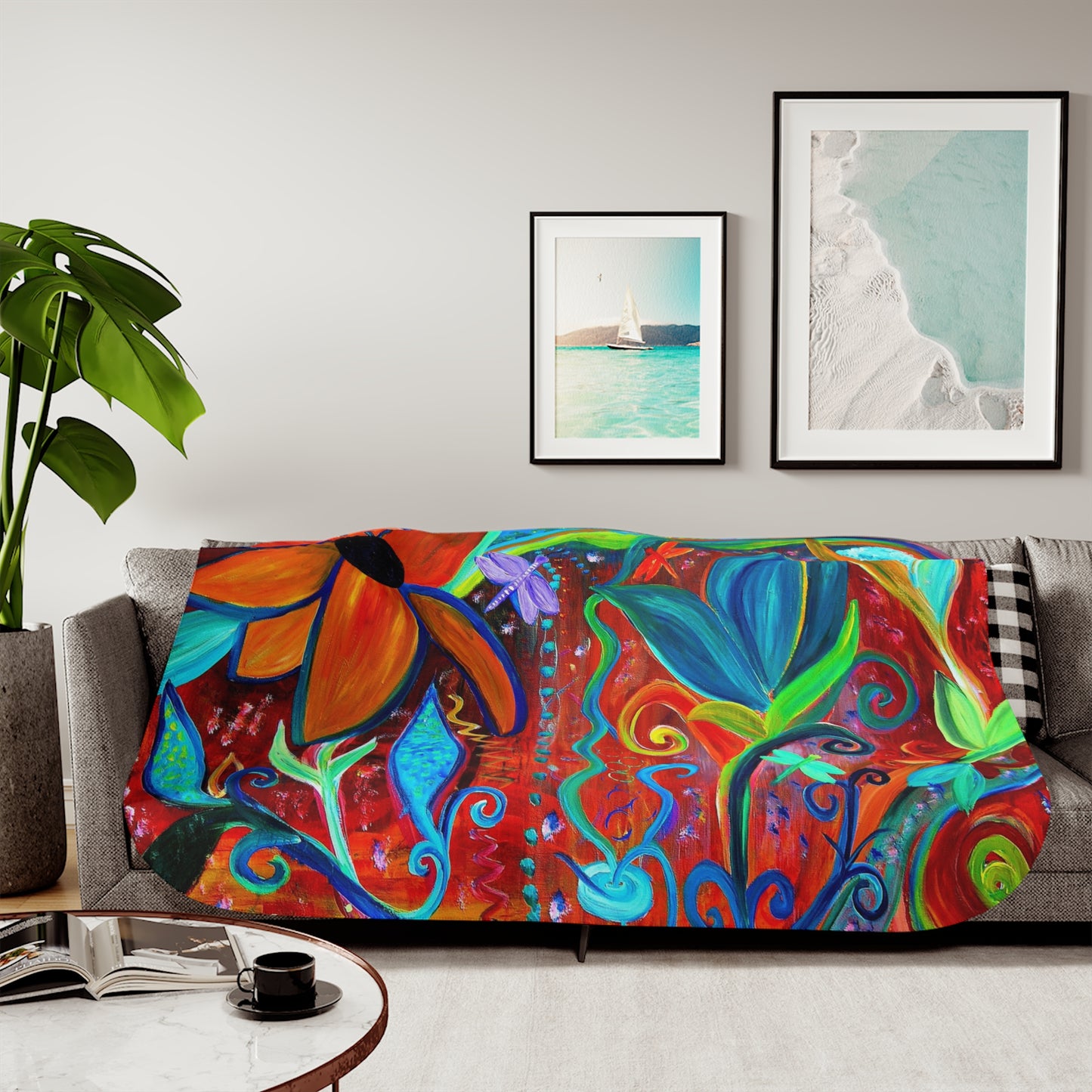 Abstract floral intuitive art orange, blue, greens Sherpa Blanket, Coastal Mermaid and Dolphins Design, Two Colors