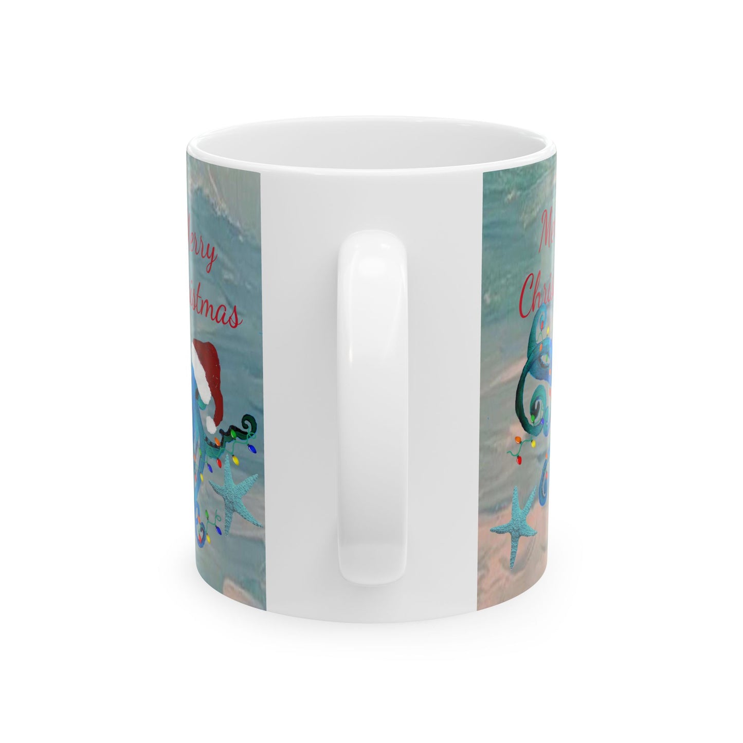 Christmas blue octopus in clearwater beach Ceramic Mug (11oz, 15oz) - Coastal Holiday Coffee Cup - Great Christmas Gift