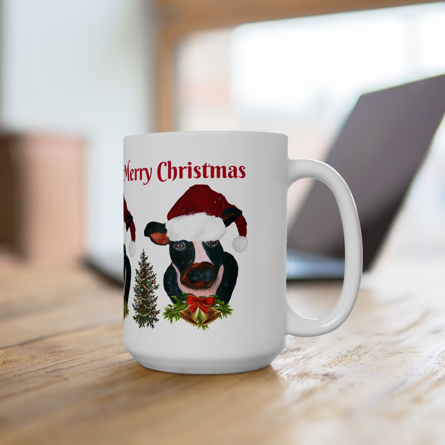 Country home Santa cow Holiday Christmas Ceramic Mug (11oz, 15oz) - Holiday Coffee Cup - Great Christmas Gift. Farm house gift.