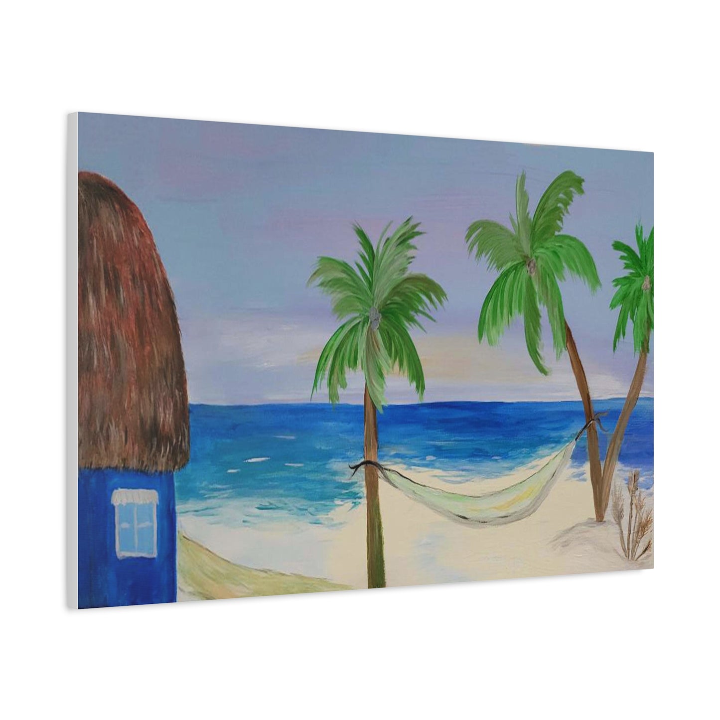 Tropical Beach Canvas Wall art of tiki hut and hammock on the beach.