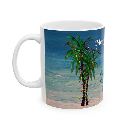 Christmas mermaid and octopus trim a Holiday palm tree in clearwater beach Ceramic Mug (11oz, 15oz) - Coastal Holiday Coffee Cup - Great Christmas Gift